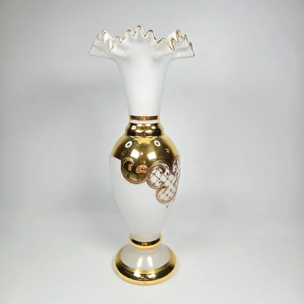 Vintage Bohemian Czech Gold Gilt Raised Enamel Hand-painted Vase Urn Ruffled 10